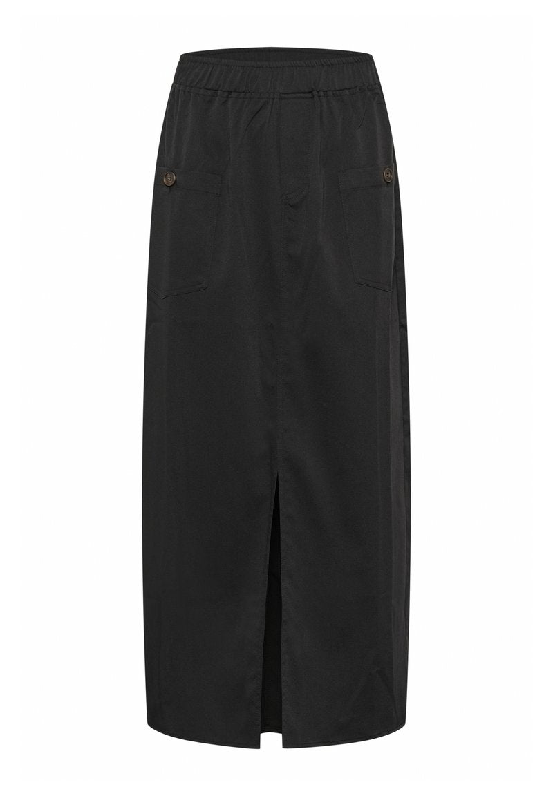 Schwarzer Midi-Rock aus glattem Stoff. Verfügt über einen elastischen Bund, zwei Seitentaschen und einen Frontschlitz für zusätzlichen Detail.