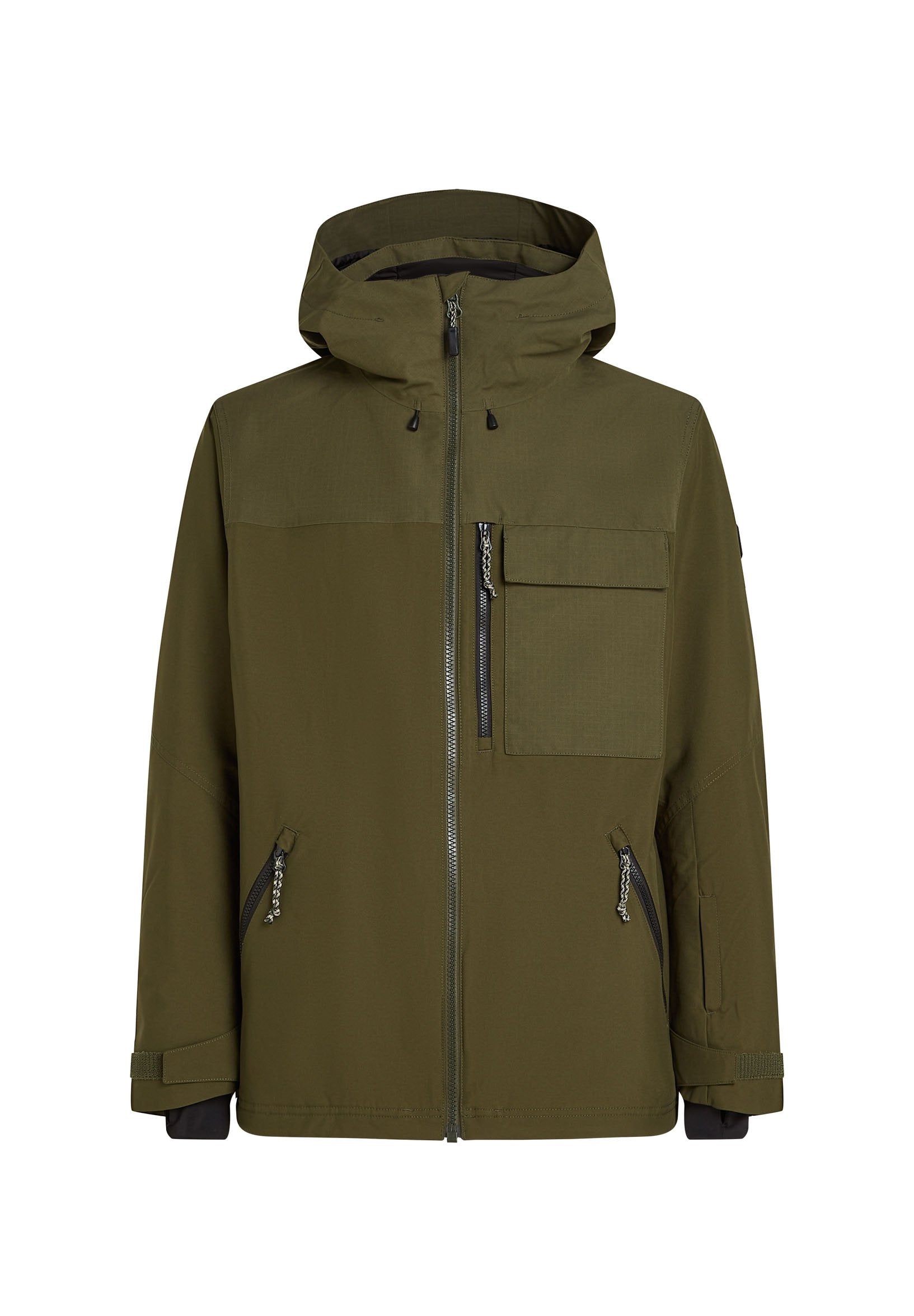 Olivengrüne Jacke mit Kapuze; verfügt über einen zentralen Reißverschluss, zwei seitliche Reißverschlusstaschen und eine Brusttasche mit Klappe. GlatteTextur.