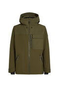 Olivengrüne Jacke mit Kapuze; verfügt über einen zentralen Reißverschluss, zwei seitliche Reißverschlusstaschen und eine Brusttasche mit Klappe. GlatteTextur.