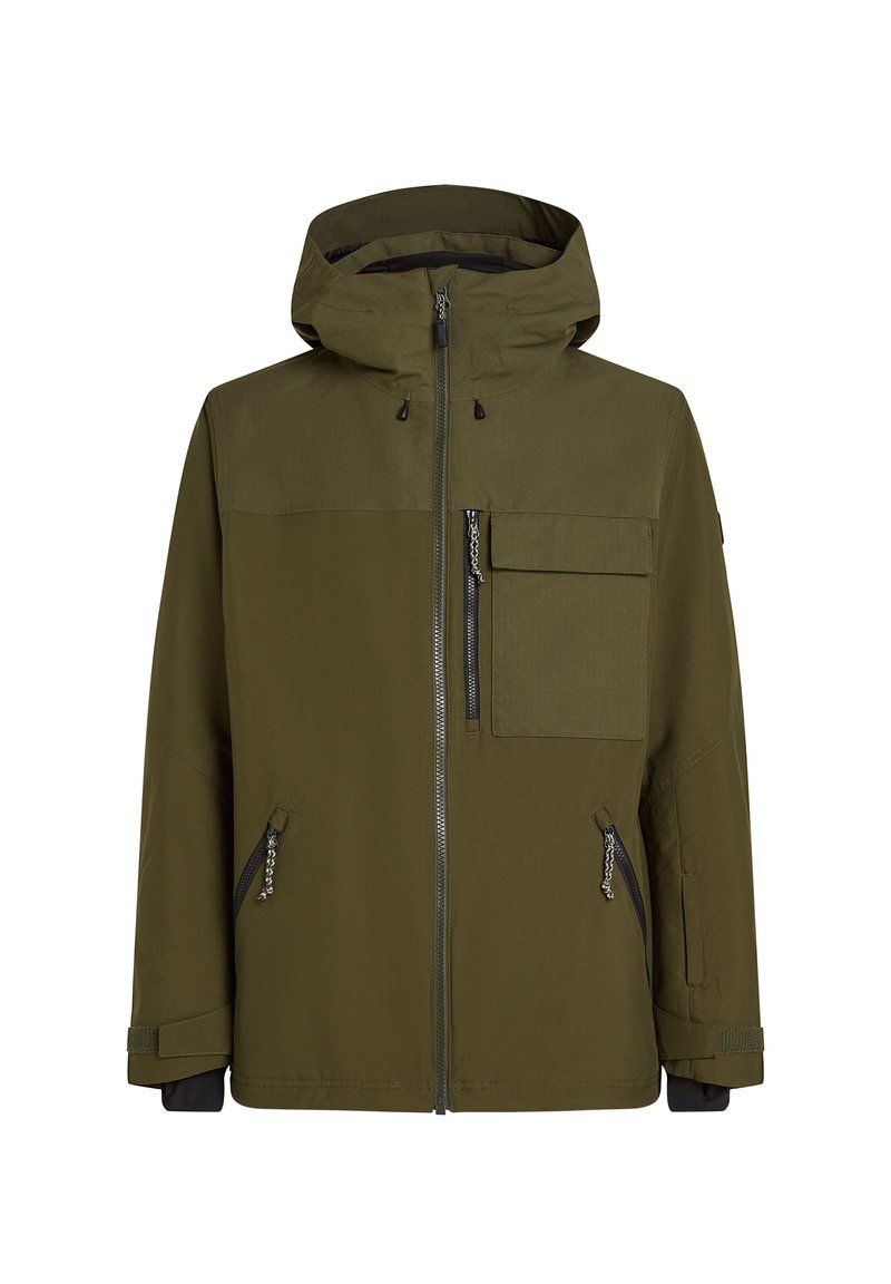 Olivengrüne Jacke mit Kapuze; verfügt über einen zentralen Reißverschluss, zwei seitliche Reißverschlusstaschen und eine Brusttasche mit Klappe. GlatteTextur.