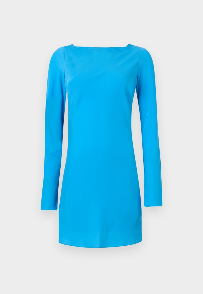 Blaues langärmliges Kleid mit einem quadratischen Ausschnitt. Aus glattem, glänzendem Stoff gefertigt, mit einer taillierten Silhouette und minimalen Details.
