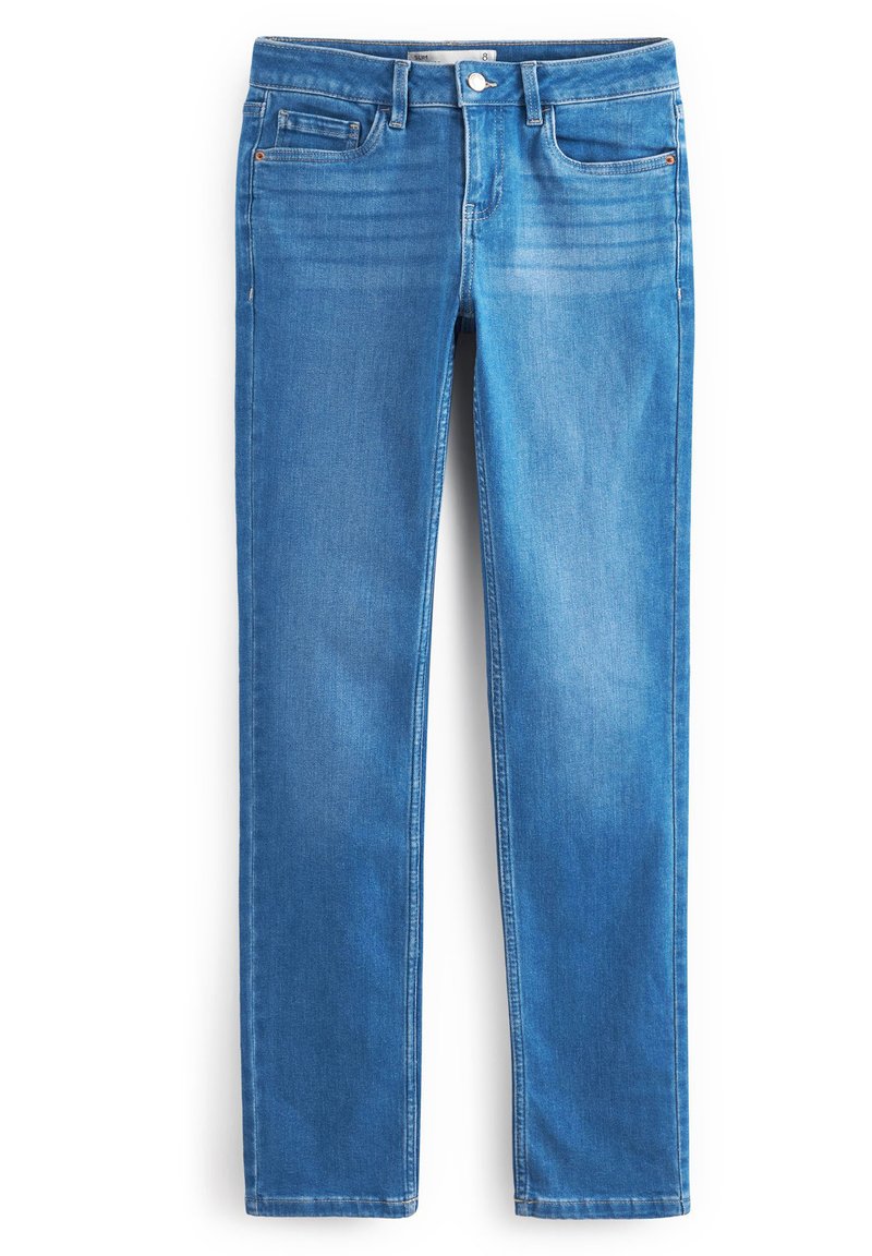Blaue Denim-Jeans mit einem figurbetonten Schnitt, fünf Taschen, Knopfverschluss und dezentem Ausbleichen an der Vorderseite für ein klassisches Aussehen.