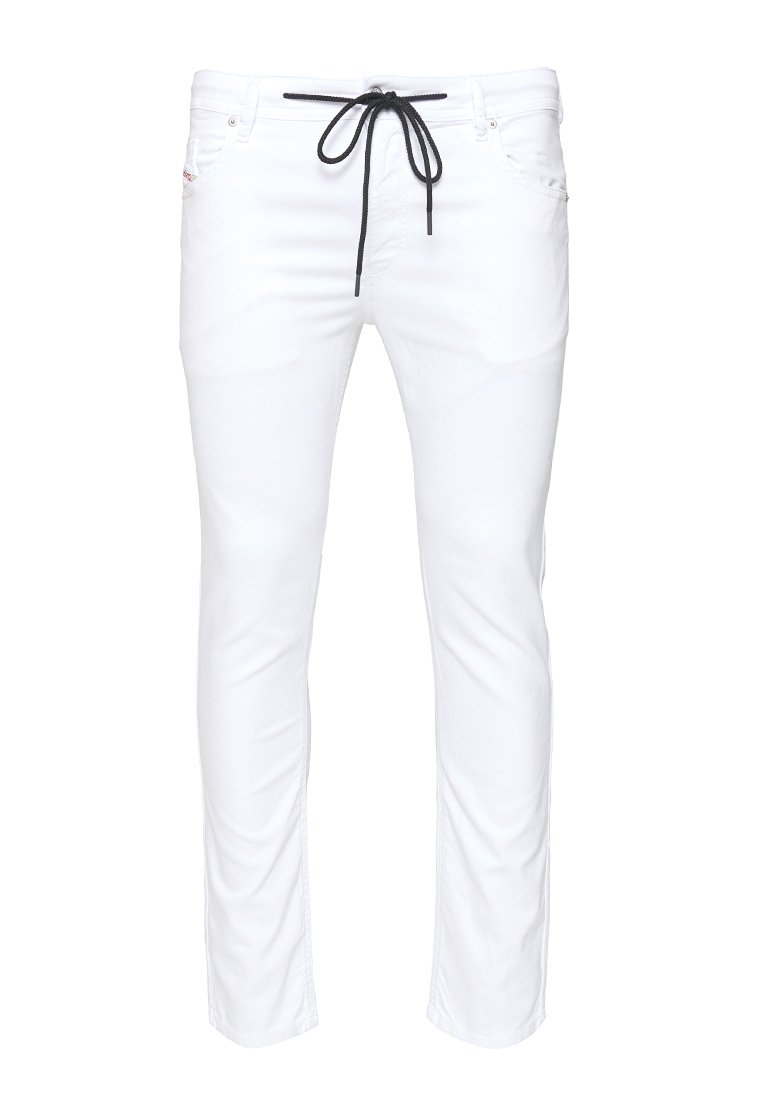 Weiße Slim-Fit-Jeans mit schwarzem Kordelzugbund, fünf Taschen und minimalistischer Nahtführung.