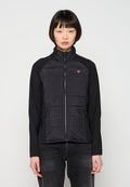 Schwarze Steppjacke mit figurbetontem Design, ausgestattet mit hohem Kragen, durchgehendem Reißverschluss vorne und zwei Seitentaschen. Solide schwarze Ärmel und Akzente.