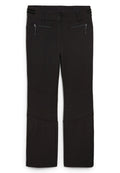 Schwarze Hose aus weichem Stoff, mit zwei Reißverschlusstaschen, genähten Details an den Knien und einem flachen Bund mit zwei Knöpfen.
