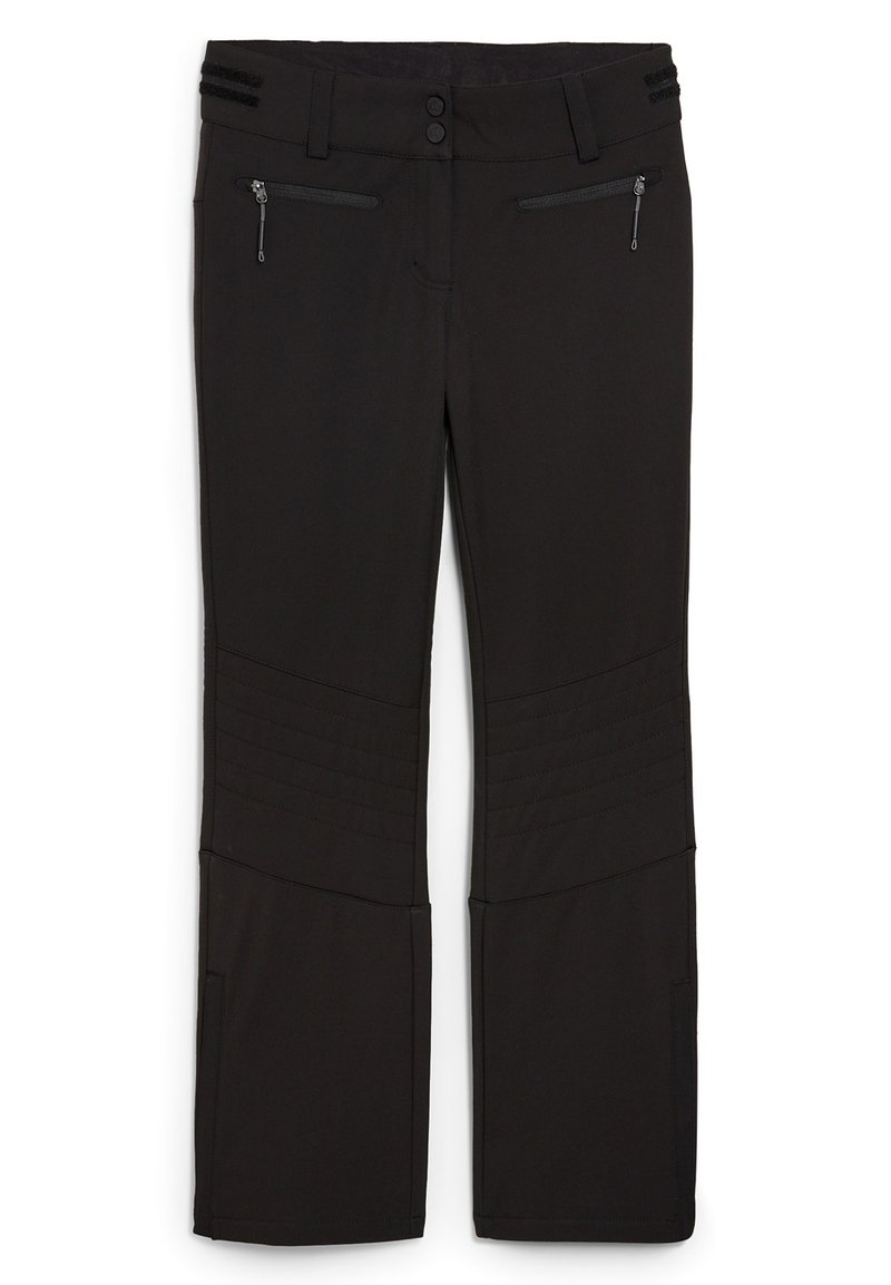 Schwarze Hose aus weichem Stoff, mit zwei Reißverschlusstaschen, genähten Details an den Knien und einem flachen Bund mit zwei Knöpfen.