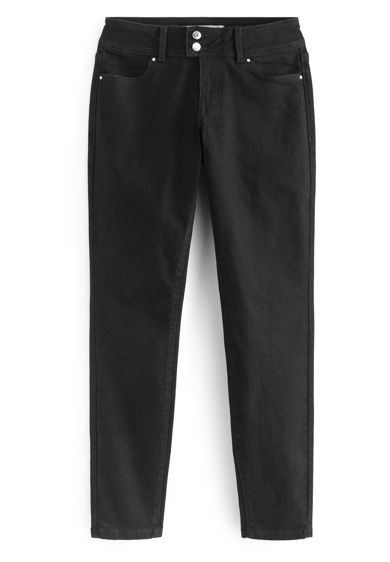 Schwarze Jeans aus Denim mit slim fit, ausgestattet mit fünf Taschen, einem Knopfverschluss und dezenten Stichdetails entlang der Nähte.