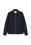 Marineblaues Wollzip-Jacke mit zwei Brust-Patchtaschen, zwei seitlichen Eingrifftaschen und einem klassischen Kragen.