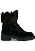 Schwarze Wildleder-Schnürstiefel für den Winter mit dickem Gummisohle und flauschigem Fellbesatz am Knöchel, entworfen für kaltes Wetter.