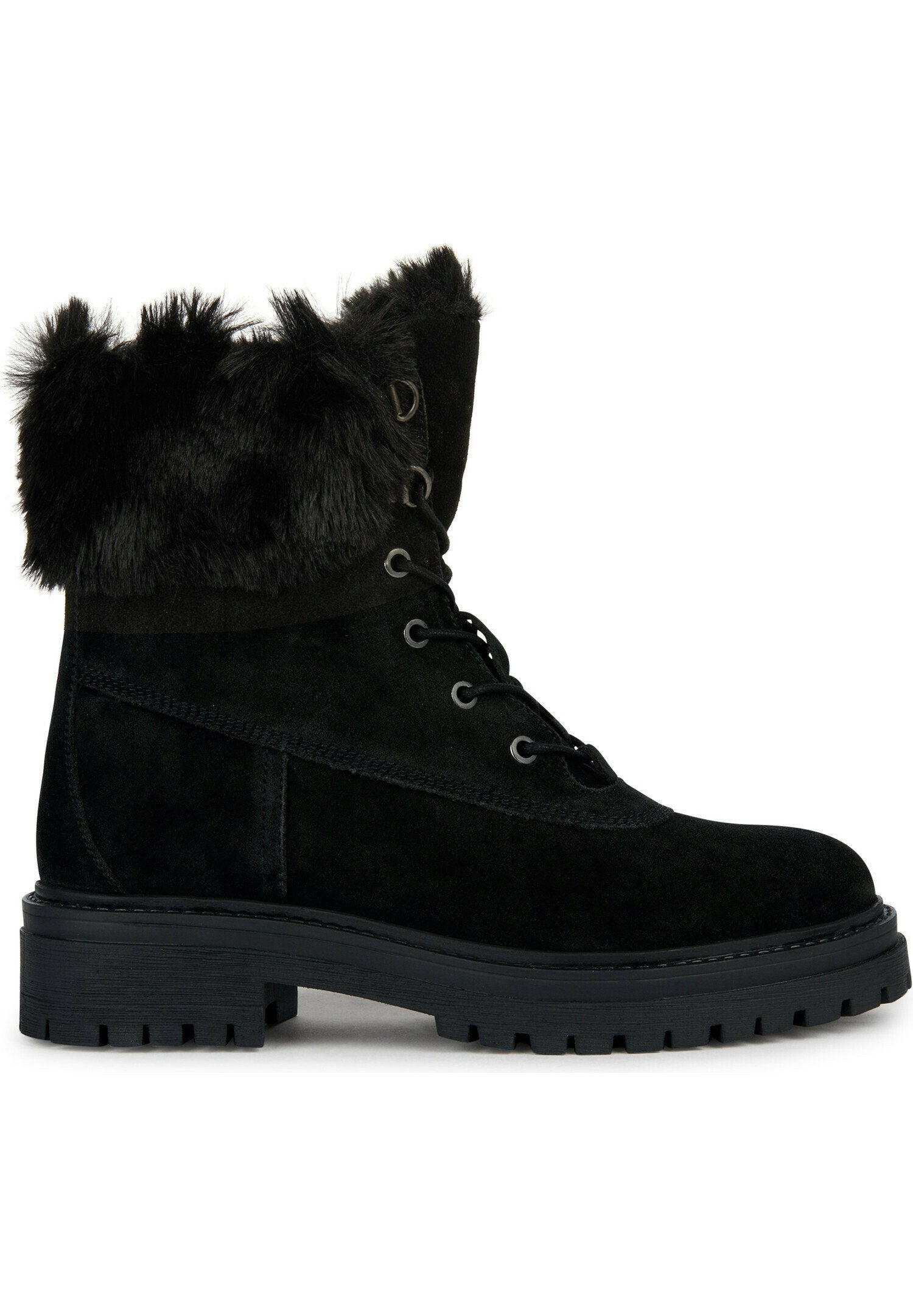 Schwarze Wildleder-Schnürstiefel für den Winter mit dickem Gummisohle und flauschigem Fellbesatz am Knöchel, entworfen für kaltes Wetter.