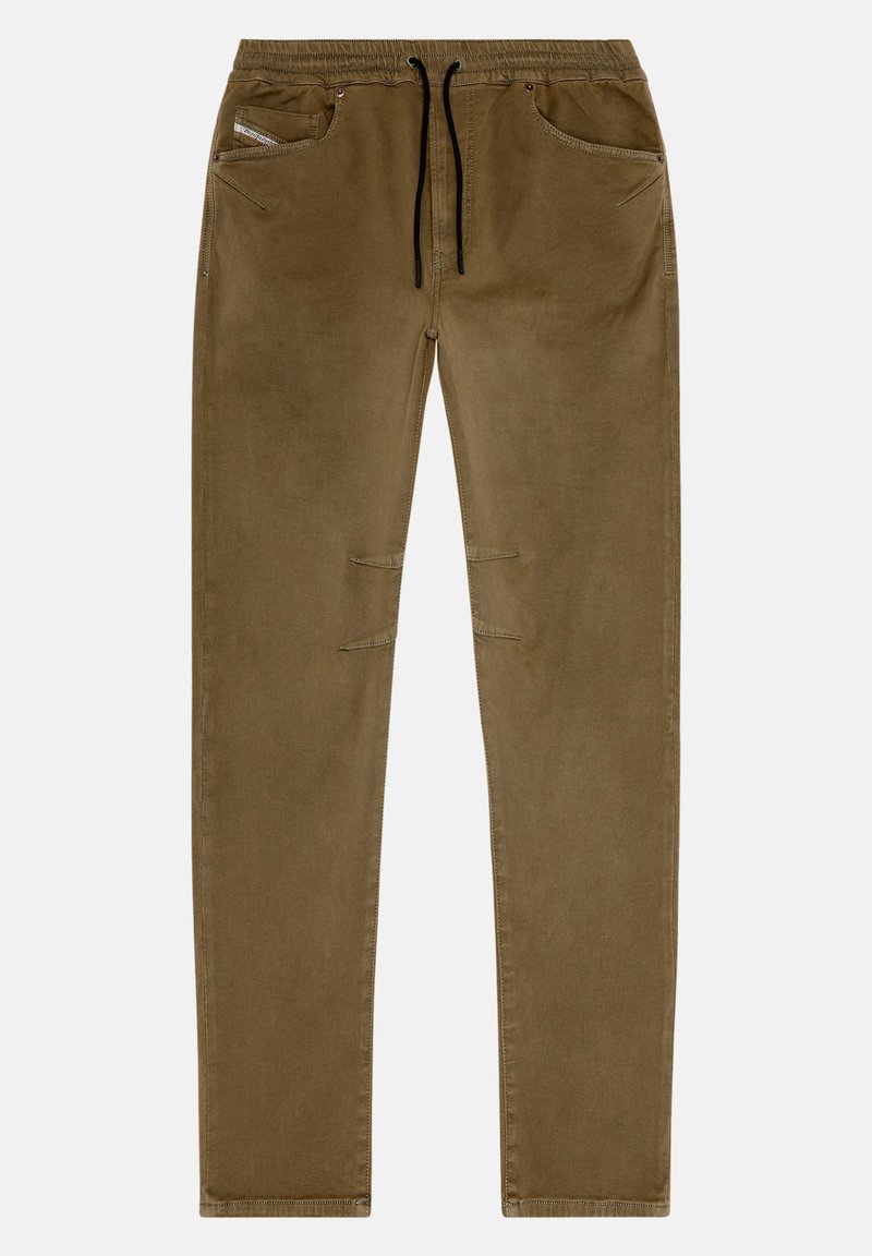 Herren Slim-Fit braune Hose mit elastischem Bund, schwarzem Kordelzug, frontalen Taschen und dezenten Nähten an Knien und Seiten.
