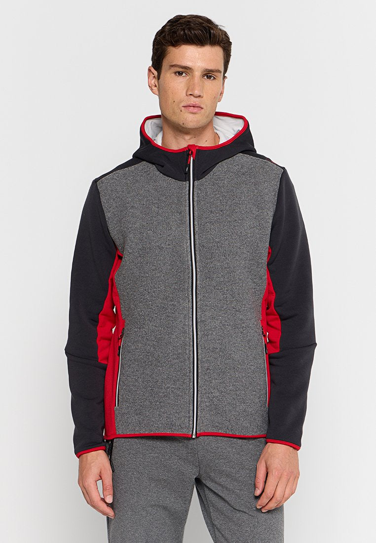Graue und rote Reißverschluss-Hoodie aus Fleece und weichem Stoff, mit Kapuze, zwei Seitentaschen und kontrastierenden Farbpanelen.