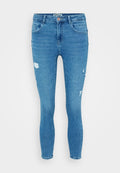 Helle blaue Skinny Jeans aus Denim mit einem verwaschenen Design, das Risse an beiden Beinen und einen klassischen Fünf-Taschen-Stil aufweist.