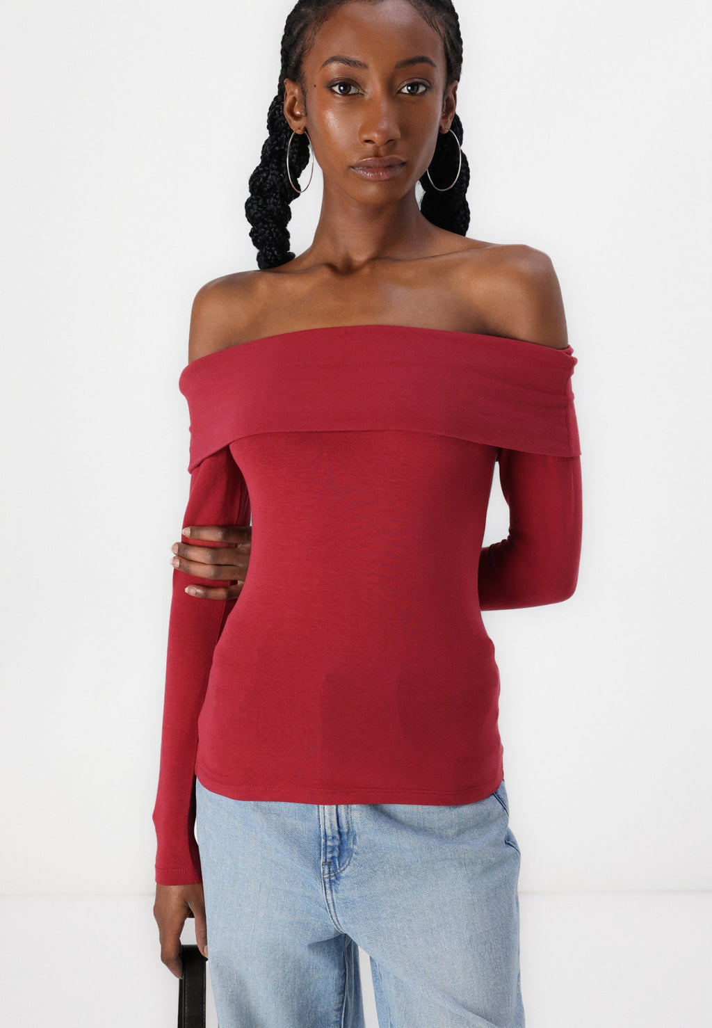 Abercrombie & Fitch Long-Sleeve Cotton-Blend Seamless Fabric Tuckable Off-The-Shoulder Top