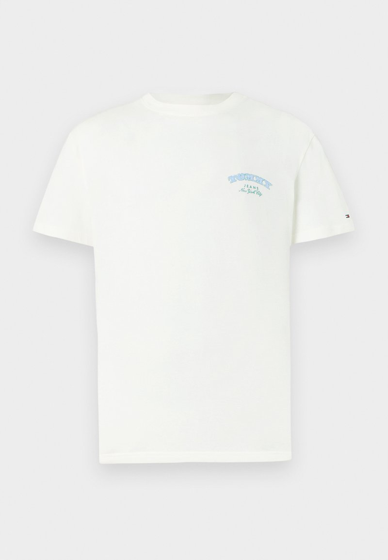 Weißes Baumwoll-T-Shirt, kurze Ärmel, Rundhals, mit hellblauer Schrift auf der linken Brust, die "TRUCKER JEANS New York City" liest.