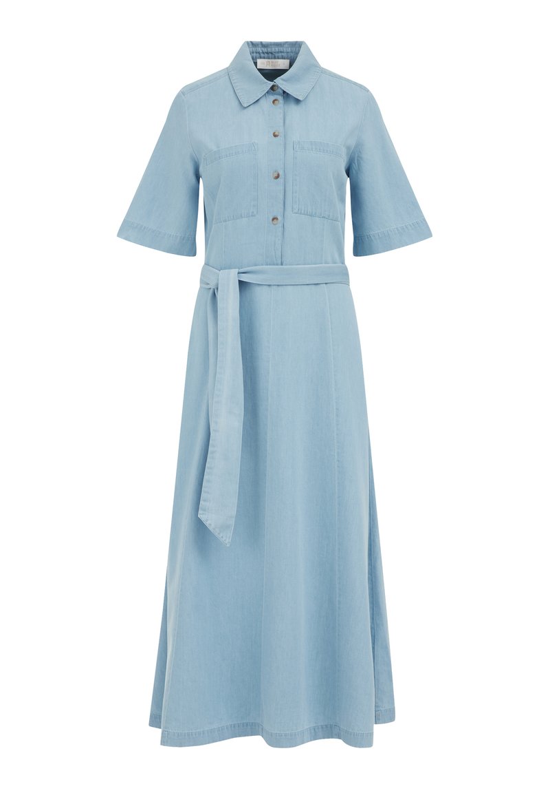 Helles blaues Jeanshemdkleid mit kurzen Ärmeln, Knopfleiste, zwei Brusttaschen und passendem Taillengürtel, das eine lange A-Linien-Silhouette aufweist.