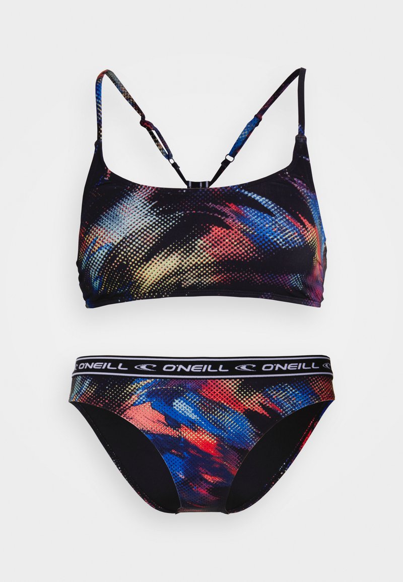 Schwarzes Bikini-Set mit einem mehrfarbigen abstrakten Muster aus Punkten, verstellbaren Spaghettiträgern und einem elastischen Bund mit Logo.