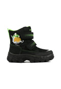 Schwarze Stoffstiefel mit grünen Akzenten, doppelten Klettverschlussriemen, robustem Gummisohle und einem Cartoon-Design an der Seite.