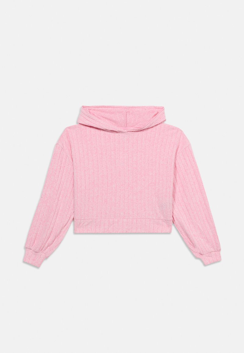 Rosa gerippter, kurzer Strickpullover mit langen, aufgeblähten Ärmeln und lockerem Rollkragen.