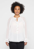 Weiße, semi-transparente Bluse mit rundem Ausschnitt, Rüschendetail auf der Vorderseite und Bindebändern. Verfügt über lange, geraffte Ärmel mit Bändern an den Manschetten.