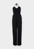Schwarzer Halter-Jumpsuit mit gerafftem Oberteil, weitem Bein und strukturiertem Finish. Verstellbare Nackenbänder runden das Design ab.