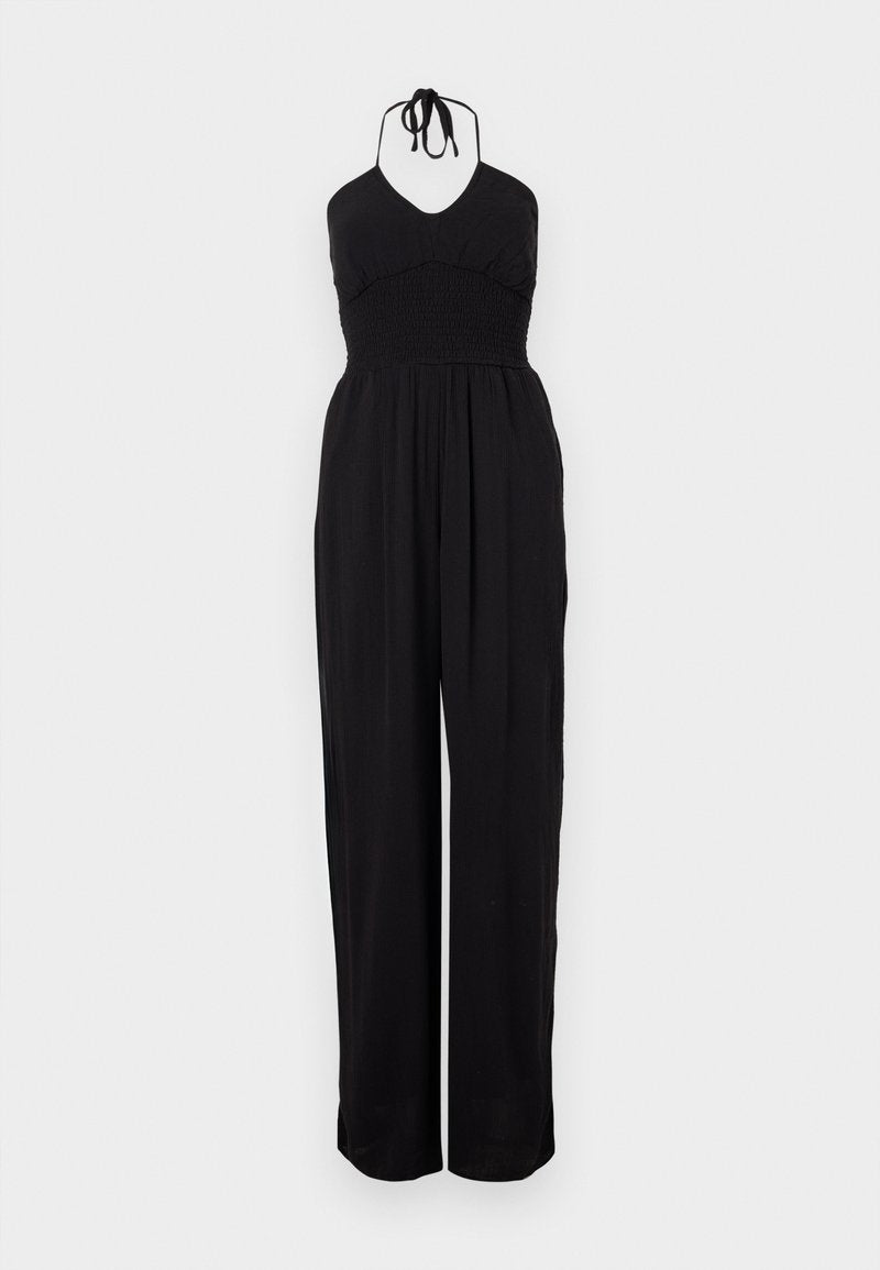Schwarzer Halter-Jumpsuit mit gerafftem Oberteil, weitem Bein und strukturiertem Finish. Verstellbare Nackenbänder runden das Design ab.