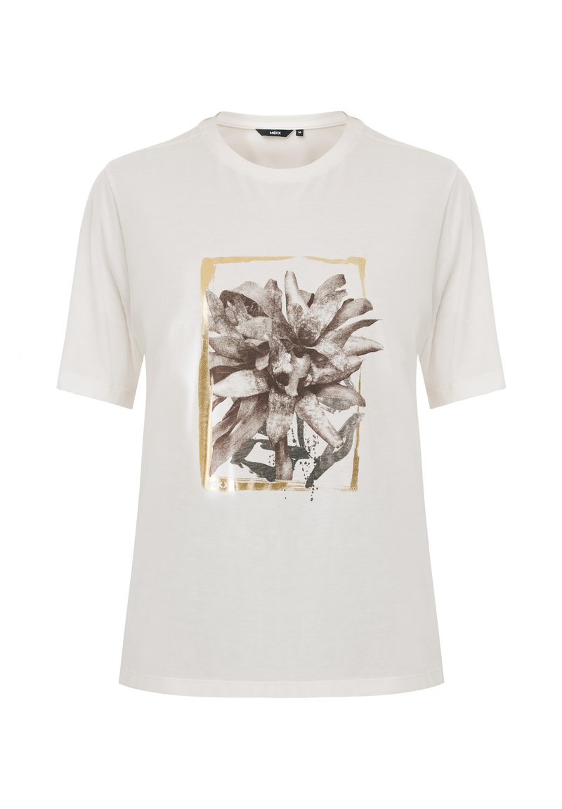 Weißes Baumwoll-T-Shirt mit lockerer Passform. Mit einem schwarz-weißen Blumenmuster in einem goldenen Rechteck. Kurze Ärmel, runder Ausschnitt.