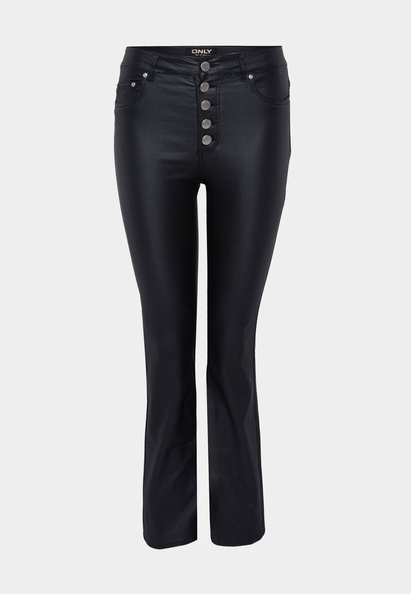 Schwarze, auslaufende Jeans mit elegantem Design, hergestellt aus einem glatten Material. Verfügt über fünf silberne Knopfverschlüsse und Taschen auf der Vorderseite.