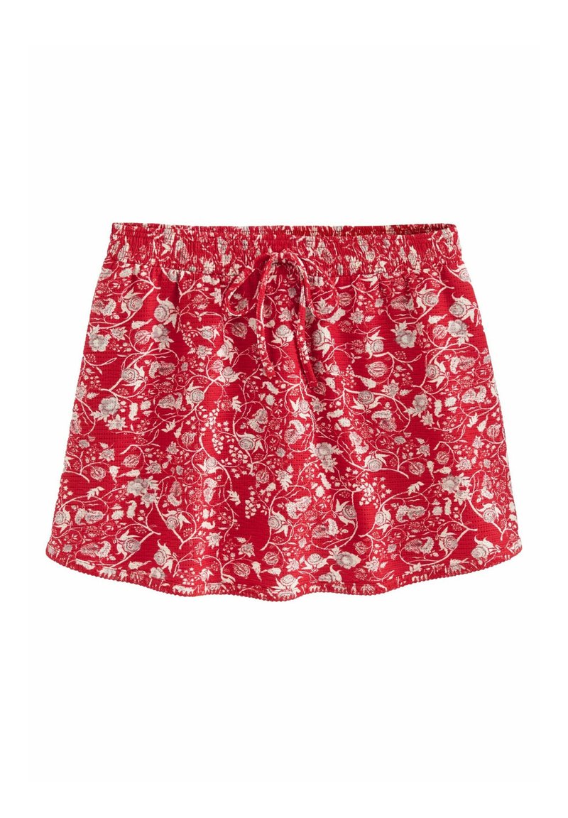 Roter Rock mit Blumenmuster, elastischem Taillenbund und Kordelzug, kurze Länge, leichtes Material.