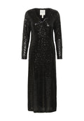 Schwarzes Paillettenkleid mit langen Ärmeln und V-Ausschnitt, das eine bodenlange Silhouette und eine glatte, glänzende Textur aufweist.