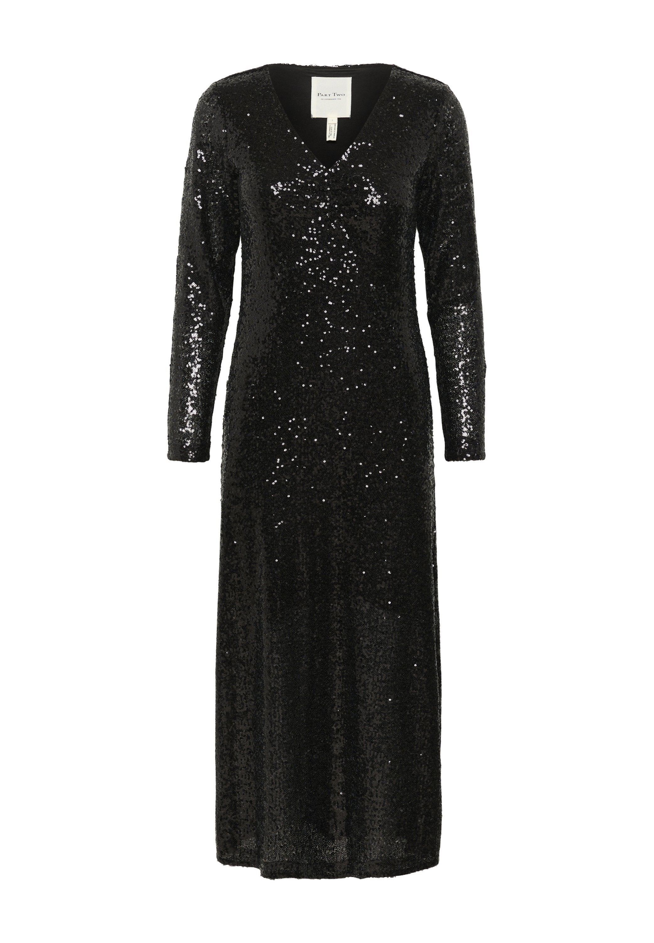 Schwarzes Paillettenkleid mit langen Ärmeln und V-Ausschnitt, das eine bodenlange Silhouette und eine glatte, glänzende Textur aufweist.