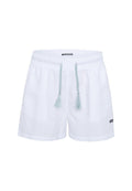 Weiße Leinen-Shorts mit lockerer Passform, ausgestattet mit einem elastischen Bund und einer hellblauen Kordel mit Quasten. Logo-Tag auf der Vorderseite.