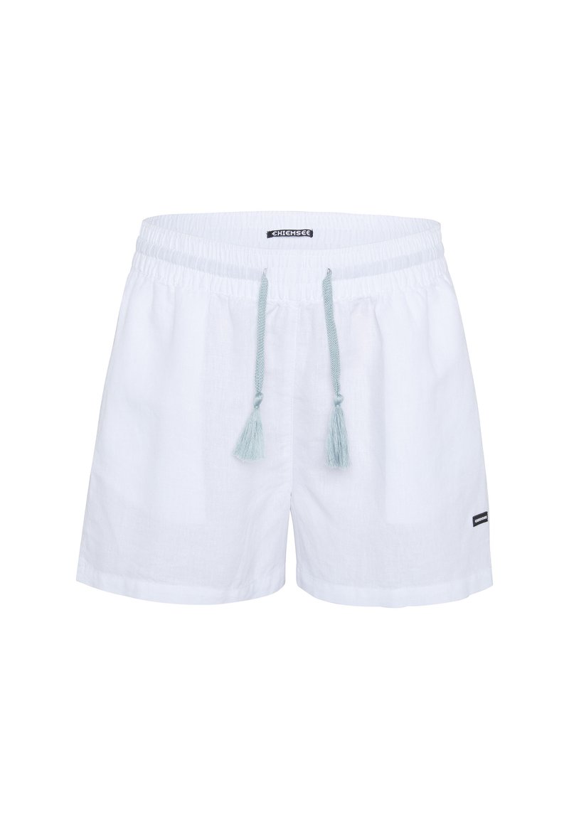 Weiße Leinen-Shorts mit lockerer Passform, ausgestattet mit einem elastischen Bund und einer hellblauen Kordel mit Quasten. Logo-Tag auf der Vorderseite.