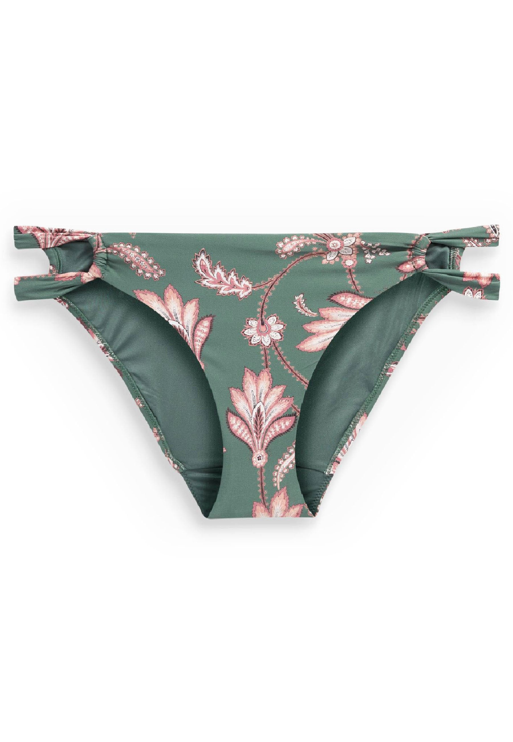 Grüner Bikini-Unterteil mit floralem Muster in Pink und Weiß. Mit seitlichen Bindebändern und einer weichen, glatten Textur. Entworfen für eine enganliegende Passform.