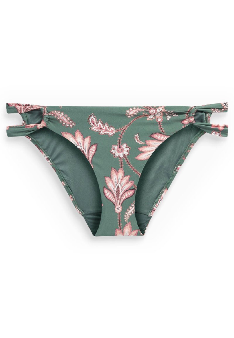 Grüner Bikini-Unterteil mit floralem Muster in Pink und Weiß. Mit seitlichen Bindebändern und einer weichen, glatten Textur. Entworfen für eine enganliegende Passform.