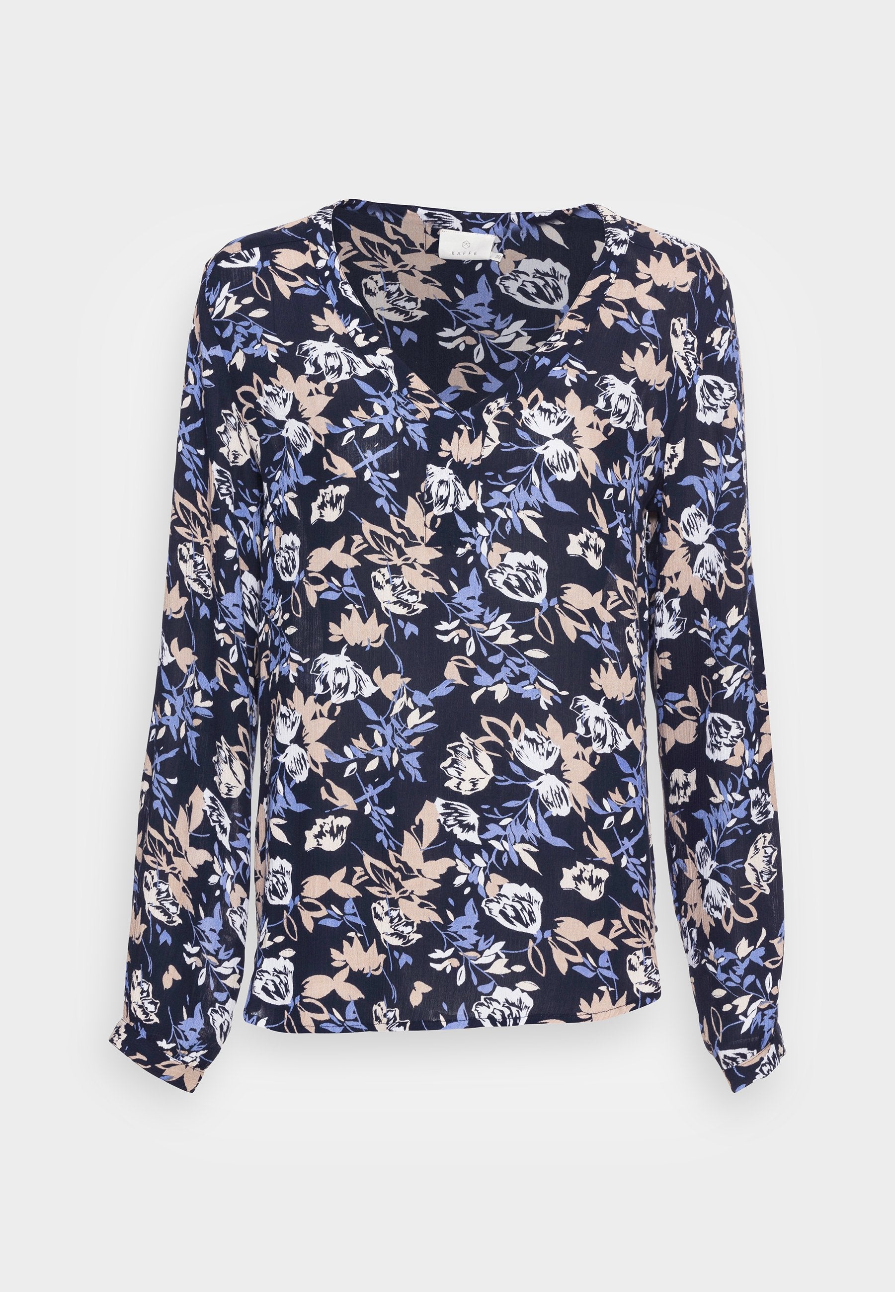 Langärmlige Bluse aus leichtem Stoff, mit einem marineblauen Hintergrund und floralen Mustern in Weiß, Blau und zartem Rosa. V-Ausschnitt.