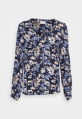 Langärmlige Bluse aus leichtem Stoff, mit einem marineblauen Hintergrund und floralen Mustern in Weiß, Blau und zartem Rosa. V-Ausschnitt.
