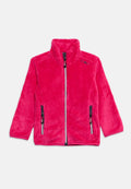 Helles pinkes Fleece-Jacke mit durchgehendem Frontreißverschluss, zwei Reißverschlusstaschen und hohem Kragen.