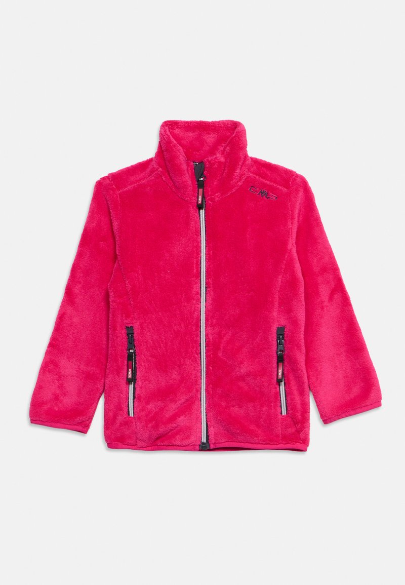 Helles pinkes Fleece-Jacke mit durchgehendem Frontreißverschluss, zwei Reißverschlusstaschen und hohem Kragen.