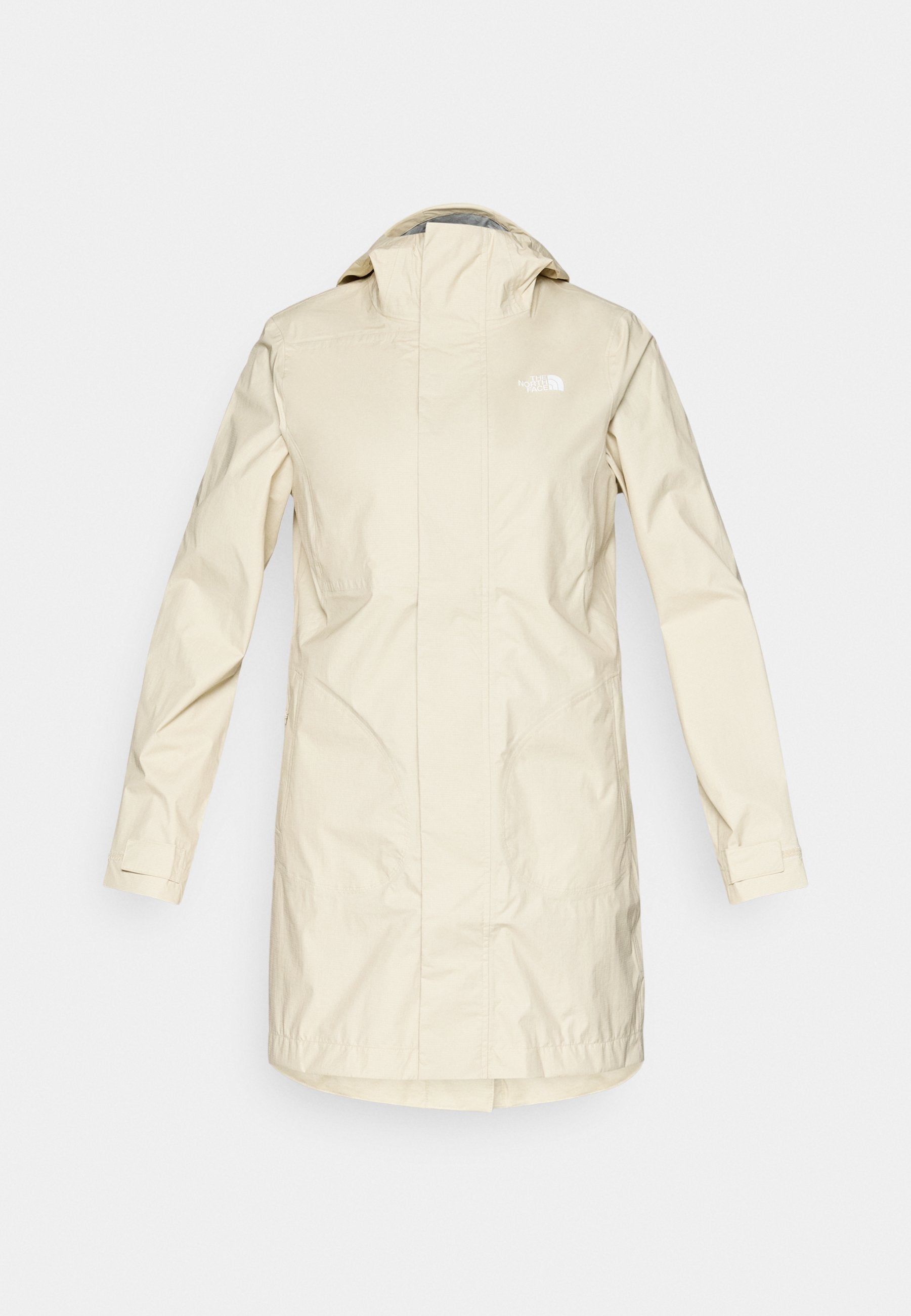 Hellbeige wasserabweisende Jacke mit hohem Kragen, langen Ärmeln und einem Logoschriftzug. Verfügt über einen geraden Schnitt und zwei Seitentaschen.