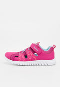 Rosa Kindersportsandale mit weißer Sohle, atmungsaktivem Mesh, verstellbarem Klettverschluss, dekorativen pinken Riemen mit weißen Punkten und Zuglasche.
