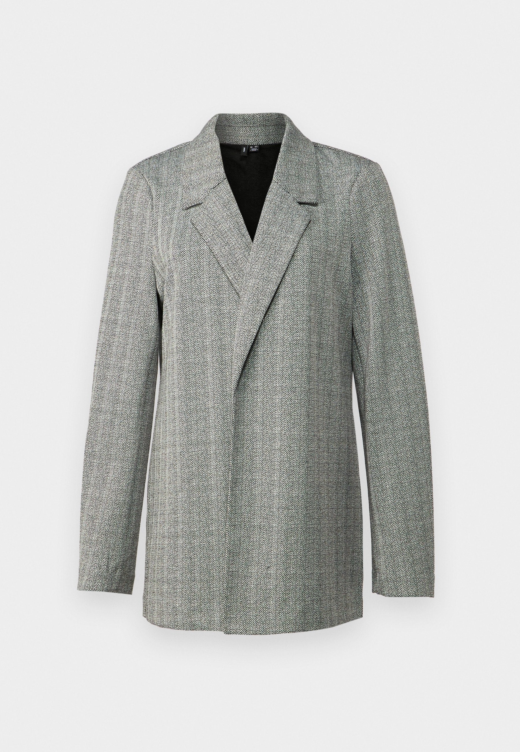Grau karierter Blazer mit spitzem Revers, Ein-Knopf-Verschluss und langen Ärmeln. Der Blazer zeichnet sich durch einen strukturierten Stoff mit leichtem Glanz aus.