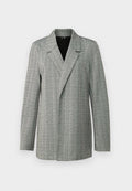 Grau karierter Blazer mit spitzem Revers, Ein-Knopf-Verschluss und langen Ärmeln. Der Blazer zeichnet sich durch einen strukturierten Stoff mit leichtem Glanz aus.