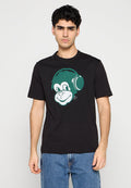 Schwarzes Baumwoll-T-Shirt mit einer grünen Affengesicht-Grafik mit Kopfhörern. Kurzärmlig und in lockerer Passform, geeignet für legere Kleidung.