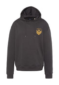 Dunkelgrauer Hoodie aus Baumwolle mit einer Vordertasche. Verfügt über ein gelbes, gesticktes Logo auf der Brust und Kordelzüge an der Kapuze.
