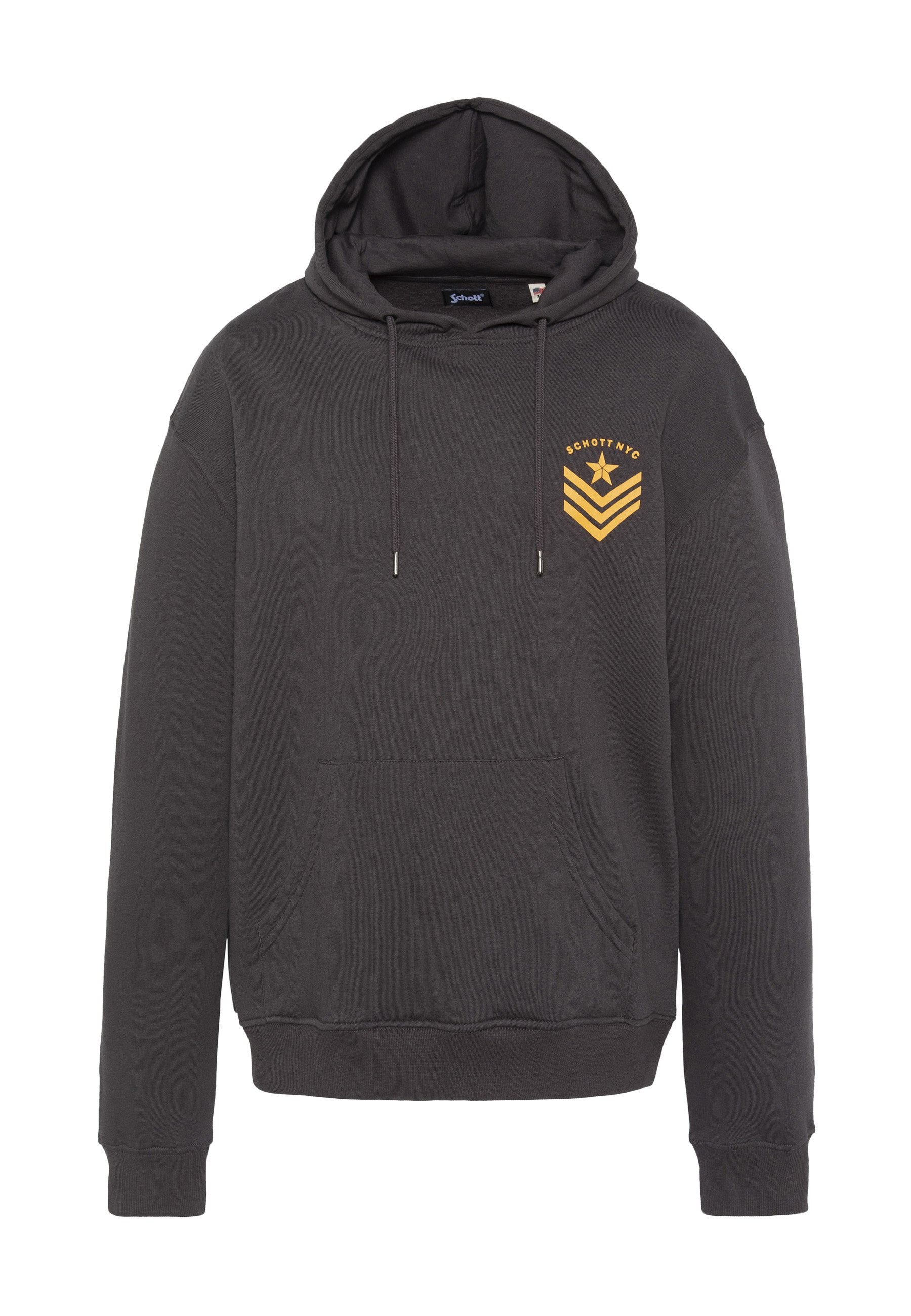 Dunkelgrauer Hoodie aus Baumwolle mit einer Vordertasche. Verfügt über ein gelbes, gesticktes Logo auf der Brust und Kordelzüge an der Kapuze.