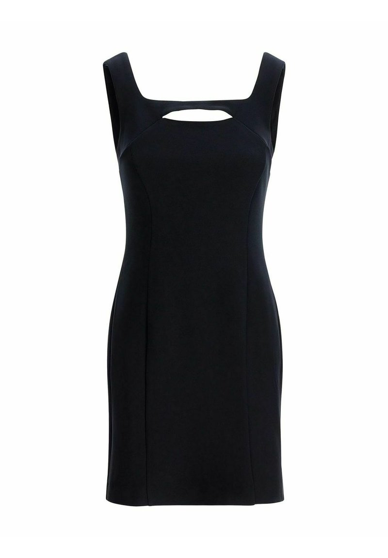 Schwarzes ärmelloses Kleid mit quadratischem Ausschnitt und Ausschnitt-Detail, figurbetontem Schnitt und glattem, dehnbarem Stoff.