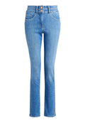 Hellblaue Jeans im geraden Schnitt, mit zwei Fronttaschen und einem Knopfverschluss an der hohen Taille.