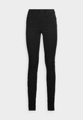 Schwarze Skinny-Jeans mit hoher Taille, gefertigt aus dehnbarem Baumwollstoff. Verfügt über fünf Taschen, einen Reißverschluss und einen einzelnen Knopfverschluss.