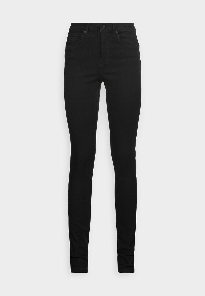 Schwarze Skinny-Jeans mit hoher Taille, gefertigt aus dehnbarem Baumwollstoff. Verfügt über fünf Taschen, einen Reißverschluss und einen einzelnen Knopfverschluss.